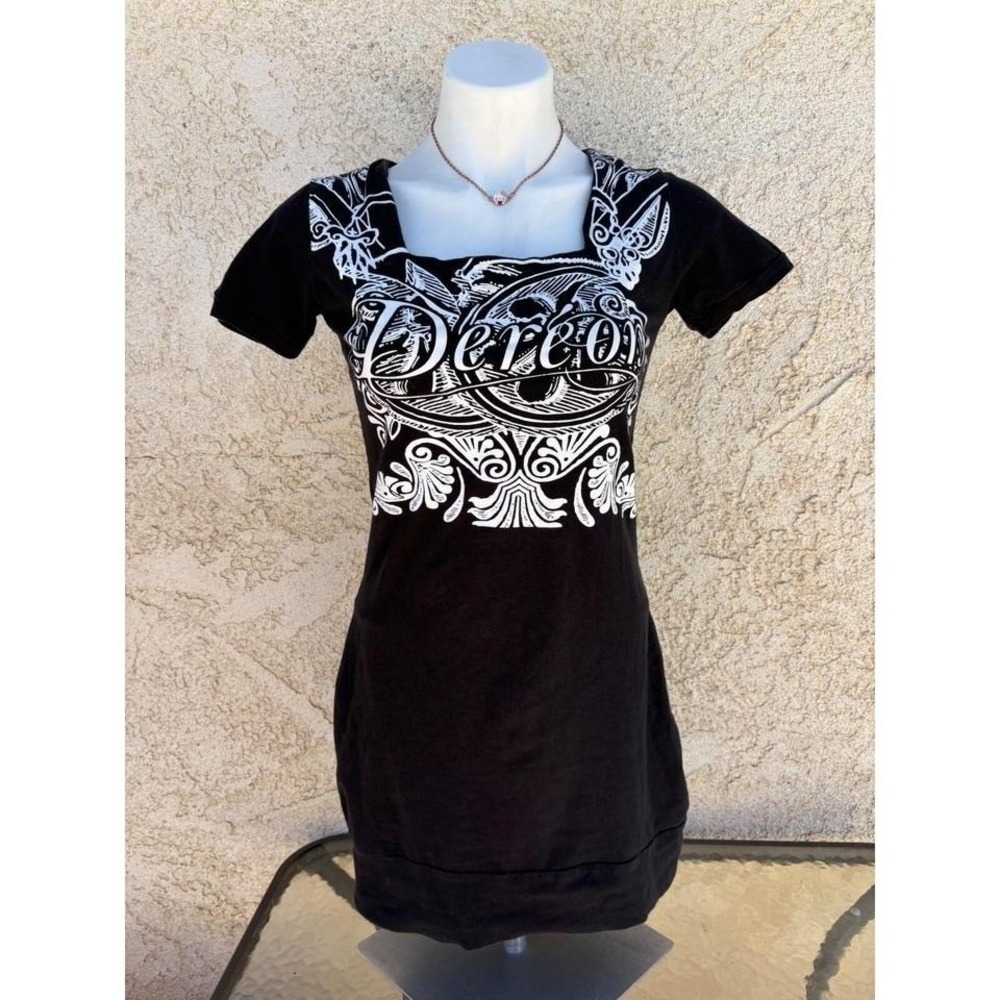 Y2K Grunge Dereon Beyonce Black Graphic T-Shirt Mini Dress Rhinestone Large #5